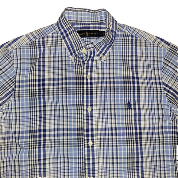 Ralph Lauren Shirt Mens Medium Short Sleeve Blue White Check Blue Pony Button - Picture 1 of 16